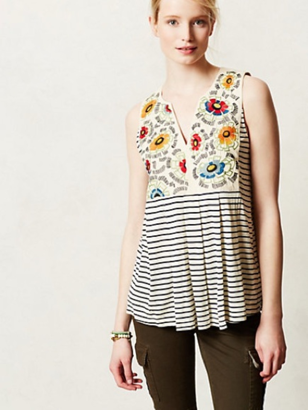 Anthropology Tiny Flower Crown Embroidered Floral Stripe Sleeveless Top XS